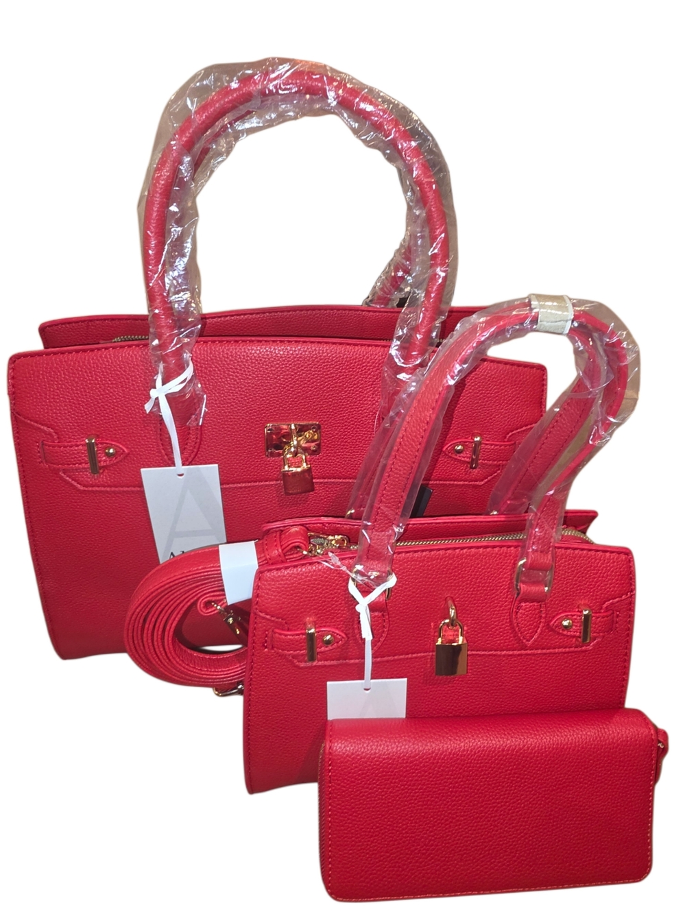 Womenβs Red Structured Tote Handbag Set with Wallet and Strap